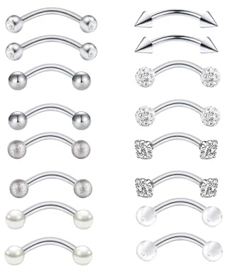 LynixTrade 16PCS Vertical Labret Lip Bars Eyebrow Piercing Jewellery Curved Barbell Piercing Eyebrow Rook Daith Cartilage Tragus Jewellery Banana Bars 8mm (16)