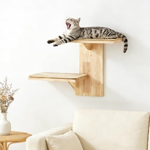 Kletterwand Katze,Katzen-Wandmöbel aus mit 2 Plattformen,42 cm Wandmontiertes Katzen mit Sisalmatte,Wandregale zum Klettern,Spielen,Kratzen,Braun