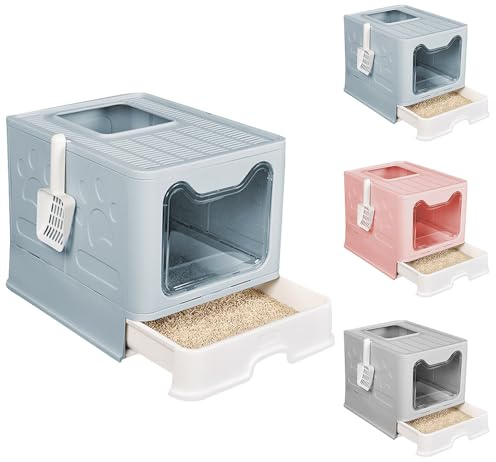 OHMG Casa de inodoro, bandeja de arena cerrada para gato, casa de baño, plegable, doble puerta batiente y superior + pala + cajón de arena de fácil limpieza, 38 x 41 x 51 cm, limpieza fácil