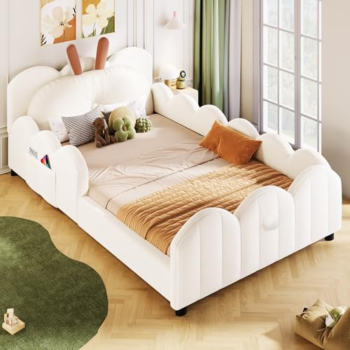 A ALFRESCOOL Kinderbett Polsterbett 90x200 cm, Plattformbett mit Kissen in Kaninchenform, Kinderbett, Bettgestell für Mädchen, Jugendbett mit Lattenrost, Ohne Matratze(Beige)