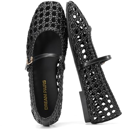 DREAM PAIRS Woven Ballet Mary Jane Flats for Women Dressy Comfortable Square Toe Ballerina Flats with Adjustable Buckle Strap for Work Casual Travel Daily,Size 8.5,Black,SDFA26006W
