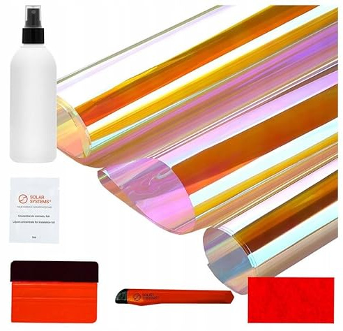 Solar Systems - Fensterfolie Bunt - Holografische Folie - Fenster Folie Außen, Selbstklebend, mit Montage Kit - Regenbogen Effekt, Transparent, mit UV Schutz - Rainbow Orange - 60x200cm