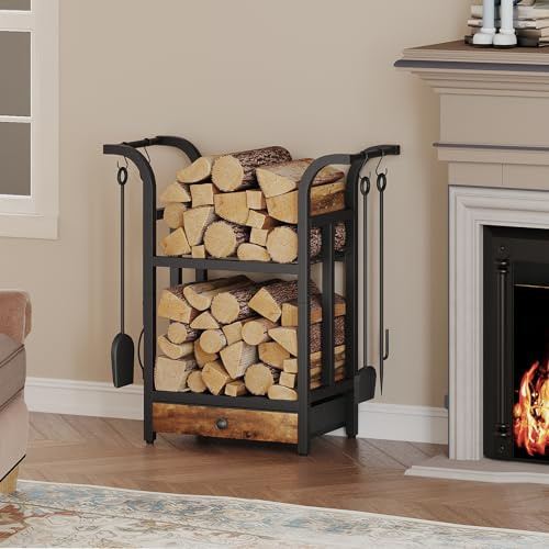 MAHANCRIS Estantería Interior para Leña, Leñero Exterior con 4 Ganchos Móviles en S, 1 Cajón en Tejido no Textil y 2 Niveles, Leñero Interior para Chimenea, 68 x 30 x 73,5 cm, Marrón Vintage y Negro