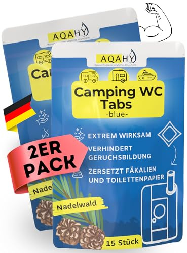 AQAHY Camping Toiletten Zusatz - 30 Tabs blue extra stark – Nadelwald WC Drops | Campingtoilette Chemie WC Tabs Made in DE für Chemietoilette| Stoppt unangenehme Gerüche| Ersatz für Sanitärflüssigkeit