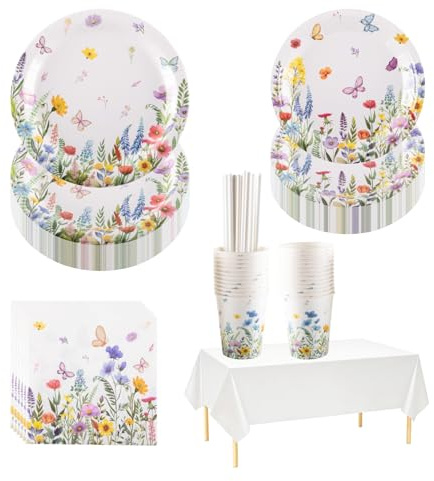 CEILIWEN Festservis med vilda blommor för 25 gäster, 2,2 cm papperstallrikar, pappersservetter och duk, perfekt för eftermiddagste, bröllop, födelsedag, baby shower