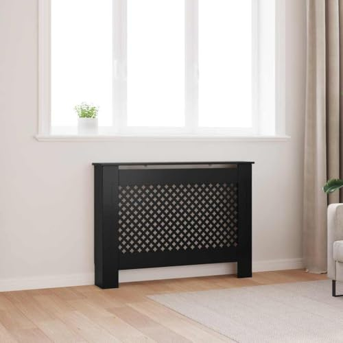 Kaloriko Cache-radiateur Noir MDF 112 x 19 x 81,5 cm, Accessoire Chauffage avec Tablette, Motif nid d'abeille, Finition laquée, pour Salon, Rangement décoratif