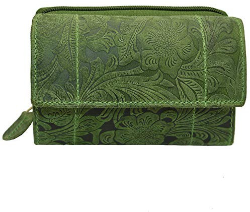 flevado Portemonnaie Damen Wildleder oder Glatt Leder Geldbörse in vielen Farben RFID Schutz (Grün-Blumenmuster)