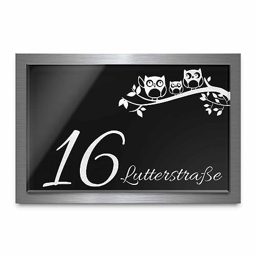 Designer Namensschild Hausnummer aus Hochglanz Acrylglas und V2A Edelstahl mit Gravur Türschild Eingangsschild 21x14 cm