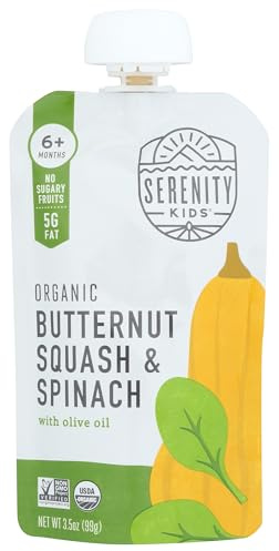 Serenity Kids 6+ Months USDA Organic Veggie Puree Baby Food Pouches | No Sugary Fruits or Added Sugar | Allergen Free | 3.5 Ounce BPA-Free Pouch | Butternut Squash & Spinach | 1 Count
