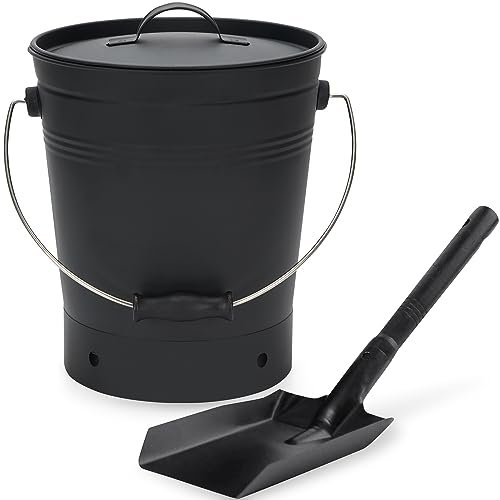 INNO STAGE Secchio per cenere con coperchio e manico in legno Pala per carbone, secchio porta cenere per caminetto, braciere, stufa a legna nera