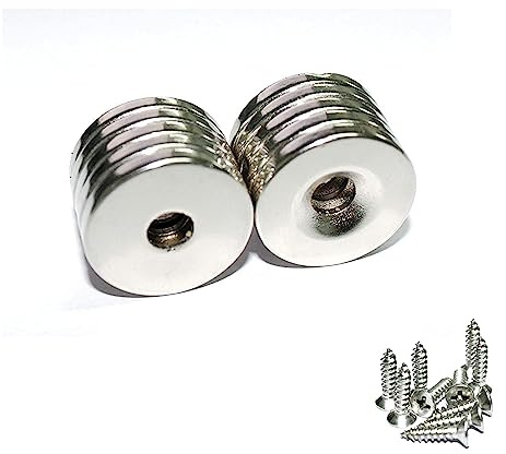 JUNAN Neodym Scheiben Senkloch Magnete,20 x 3 mm Loch, 5 mm, starke permanente Seltenerd Magnete mit 10 Schrauben-(10 Stück)