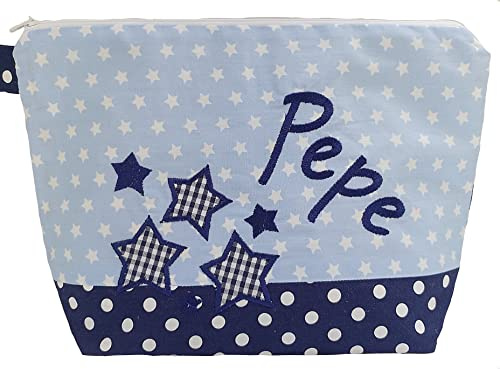 bestickte Tasche STERNE + NAME //hellblau - marine//Kulturtasche Wickeltasche Windeltasche Kulturbeutel Wasch-tasche Bag 20 Schriftarten Geschenk