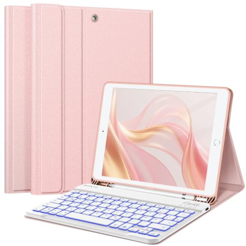 FINTIE Hülle mit Tastatur für iPad 9./8./7. Generation (10.2 Zoll) | 7 Farben Beleuchtete, Magnetisch abnehmbare, deutsche Bluetooth-Tastatur, Schutzhülle mit Stifthalter, Roségold