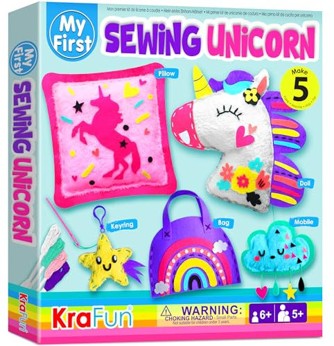 KRAFUN Einhorn-Nähset für Kinder ab 5 Jahren, 5 Anfänger-Bastelprojekte (Plüschpuppe, Kissen, Mobile, Schlüsselring, Tasche), Plüschfilz, Anleitung, Lernspielzeug