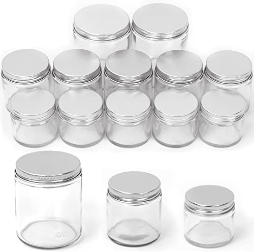 Swpeet 12 förpackningar 57 g 113 ml 237 ml genomskinlig glasburk med silverlock sortimentsats, runda behållare kosmetiska glasburkar med lock reseburkar kosmetiska behållare för kräm, lotion