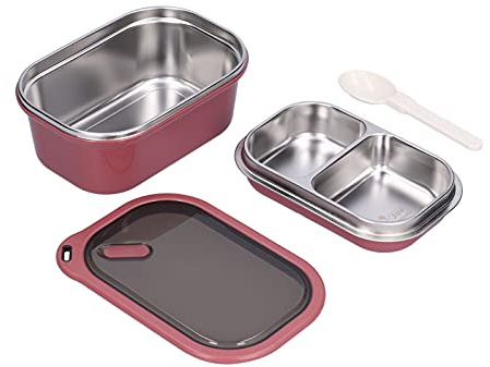 Tiiyee 1.2L Stainless Steel Double Layer Bento Box, Leakproof w/Spoon Red | Square Shape Detachable Inner Trays, Easy Clean Silicone Seal BPA-Free Durable For Adults Kids School Office Picnic Travel