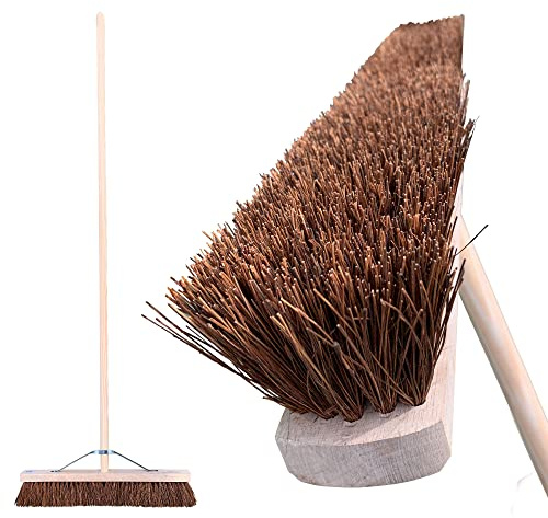 24” Wide Outdoor Broom Heavy Duty, Stiff Broom Outdoor with Natural Bassine Bristles and 120cm Long Handle, Large Garden Broom for Industrial Use, Wooden Broom Hard Broom for Yard, Garden, Warehouse