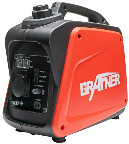 Grafner Inverter Stromerzeuger 1100 W (1 KW Dauerleistung), Benzinbetrieb 4 Takt, 230V, Invertertechnologie für empfindliche Geräte, leicht robust, digitaler Benzin Generator Notstrom Aggregat