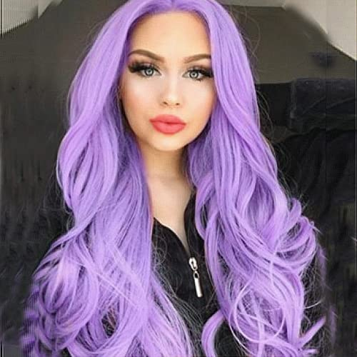 AFBeauty Lila Perücke Lace Front Kunsthaar Lang Hitzebeständig Wellig Mittelscheitel Perücken für Frauen Natürlicher Haaransatz Flieder Lavendel Farbe 56 cm Handgeknüpfte Spitzen-Perücke Drag Queen