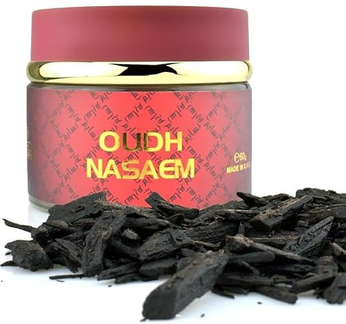 Oudh Nasaem Incense Bakhoor 60g – Long-Lasting Arabic Oud Wood Chips by Nabeel | Floral & Woody Scent | Free JRose Trolley Coin Keychain – Ideal for Home, Prayer, Gifting