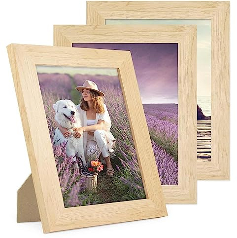 PHOTOLINI Bilderrahmen 15x20 Holz MDF Natur, 3er Set breite Bilderrahmen 20x15, Picture Frame mit Acrylglas, Bilder Rahmen 15 x 20 cm zum Aufhängen & Aufstellen, Rahmen 15x20 mit Zubehör