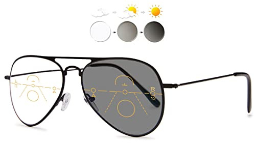 KOOSUFA Selbsttönende Gleitsicht Lesebrille Gleitsichtbrille Progressive Multifokus Anti-Blaulicht Photochrome Herren Damen Pilotenbrille Metall mit UV-Schutz Sonnenlesebrille 1.0 1.5 2.0 2.5 3.0 3.5