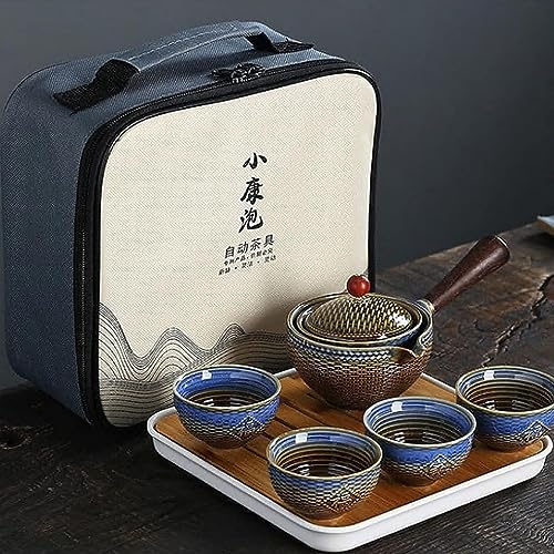 Scizorito Set da Tè Portatile da Viaggio in Ceramica, Set da Tè Cinese Kungfu con Teiera a Rotazione 360 e Infusore, 4 Tazze da Tè, Vassoio da Tè e Borsa da Viaggio (Intreccio di Bambù Viola)