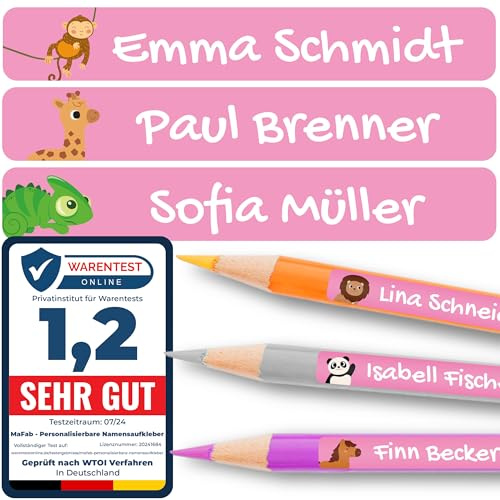 Personalisierbare Namensaufkleber für Kinder (120 Stk. 47x7 mm) - Wasserfeste Namensschilder für Gegenstände, Stifte & Textilien - Optimal für Kita, Kindergarten und Schule - Schöne Motive