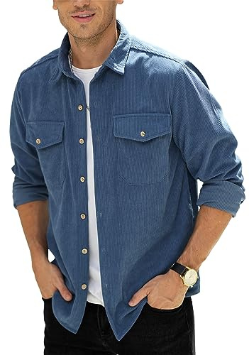 Mens Button Down Shirts Corduroy Shirts Coat Jackets Casual Vintage Shirts Long Sleeves with Chest Pocket Blue L