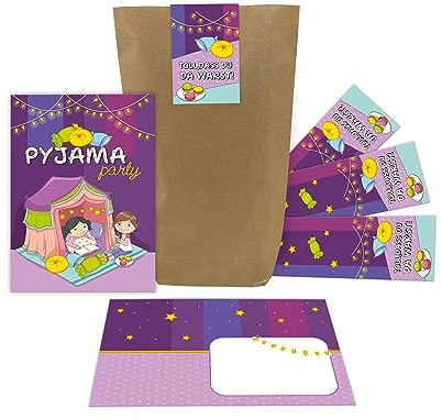 Junaversum 12 Einladungskarten zum Kindergeburtstag Einladungen zur Übernachtungsparty Pyjamaparty Pyjama-Party Lesenacht-Party incl. 12 Umschläge, 12 Tüten, 12 Aufkleber für Mädchen und Jungen