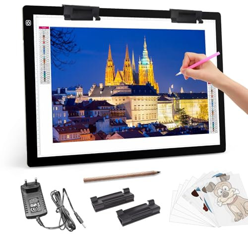 Diamond Painting - Mesa luminosa A2, almohadilla de luz portátil con adaptador de 12 V 2 A, 2 clips multifunción, ultrafina, brillo continuo, dibujo, placa de luz para accesorios, color negro