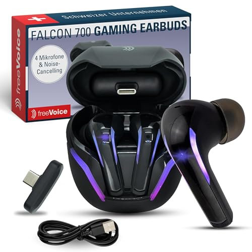 freeVoice Falcon 700 In Ear Gaming Kopfhörer I Kabellose Kopfhörer mit 4 Mikrofonen & Noise Cancelling I 6 h Gesprächszeit I USB-C Dongle & Bluetooth V5.3 I Wireless Earbuds I Mobile Gaming