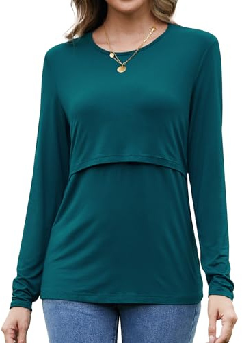 Sosolism Loose Women's Maternity Nursing Tops Long Sleeve Breastfeeding Tshirt,Green,M