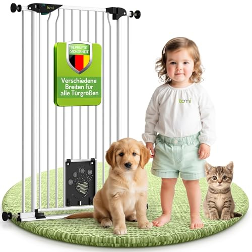BOMI Tierschutzgitter Mira | Türschutzgitter mit Katzenklappe | Ideales Absperrgitter Hund, Katzengitter Tür & Welpen Zubehör | Hundegitter Wohnung weiß Metall | Breite: 73-83 cm