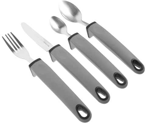 SEWOART Juego De Utensilios Adaptativos Antitemblores 4 Piezas Mango Gris De Pp, Tpr y Acero Inoxidable Para Personas Mayores, Portátiles, Ergonomía Para Rehabilitación y Alimentación Asistida