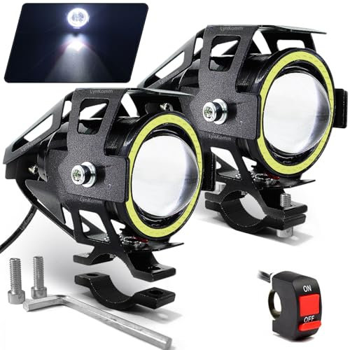 LynKomm 2 Stück Motorrad Scheinwerfer U7 LED Nebelscheinwerfer Spotlight DRL Universal Hilfsscheinwerfer mit Weiß Angel Eyes Halo Ring und Schalter für Autos, Fahrrad, Boot, ATV, Frontscheinwerfer