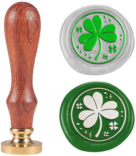 DELORIGIN St. Patrick'S Day Kleeblatt Wachs Siegel Stempel 2.5cm Abnehmbarer Messingkopf Siegel Stempel Mit Holzgriff Für St. Geschenkverpackung Für Die Patrick'S Day Karte