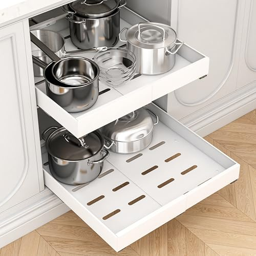 THMINS 2 Pack Ausziehbare Schublade Küche, 42 cm Tief, Erweiterbar (32–52 cm), Robuste Ausziehschubladen, Ausziehbare Schubladen Für Schränke, Geeignet Zur Aufbewahrung in Der Küche (Weiß)