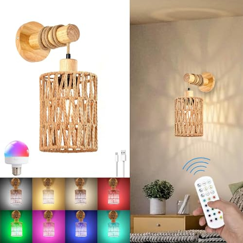 TRUYOK Applique Murale Interieure E27 Lampe Murale Sans Fil Rechargeable USB avec Télécommande Bois Vintage Lampe Murale RGB Applique Lampes Bohème Rotin Pour Chambre Chevet Couloir Salon