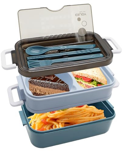 Aleker Bento Lunch Box, 1400ml Bento Box with Cutlery, Stackable Lunch Box with Compartments, Pack Lunch Box with 2 Layer 3 Compartments, Leak Proof Meal Prep Containers for Kids and Adults