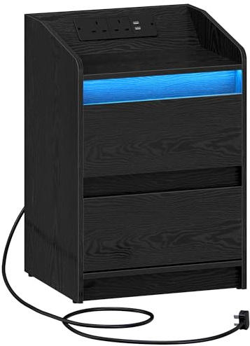 Hzuaneri Bedside Table with Charging Station & LED Lights, Black | Bedside Cabinet with 2 Drawers, Nightstand with USB Ports & Power Outlet for Living Room and Bedroom, NS30004XUK