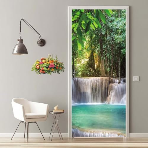 Türfolie Selbstklebend 3D Türaufkleber Wasserfall Wald Türtapete Selbstklebend Türposter 77X200 cm Türverkleidung Türtattoo Poster Abnehmbar Fototapete für Wohnzimmer Schlafzimmer Küche Bad -MT1252