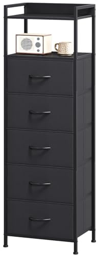 Somdot Kommode for Schlafzimmer, 5 Schubladen, offenes Regal, Schwarz | Schrank, Komodenschrank, Stoffschubladen, Wohnzimmer, Metallrahmen, Holzwerkstoffplatte, Zuggriffe, 29T x 38,7B x 107H