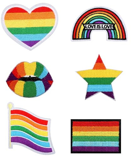 6pz Toppe Ricamate Pride Progress Rainbow, Toppe LGBTQ da Cucire/Stirare Design Bandiera Arcobaleno con Stelle e Cuori Applique Ricamate Gay per Abbigliamento Borse Zaini Cappelli Decorazione