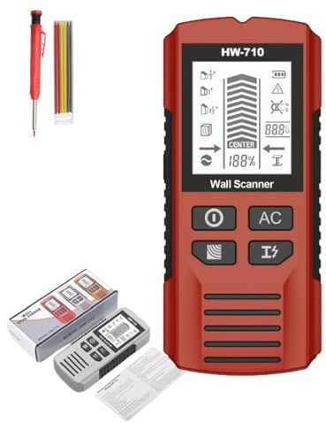 Multifunktionaler tragbarer Metall- und Wanddetektor, 2025 Upgrade 5 in 1 leitungssuchgerät mit LCD Display und akustischem Alarm zum Auffinden von Stromleitungen, Holzbalken, Metallrohren (Rot+HM)