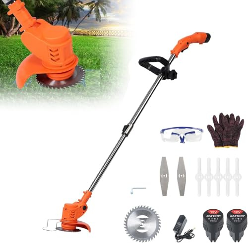 12V Akku-Rasentrimmer, Teleskop Leichter Rasentrimmer mit 3xMetallklingen & 5xKunststoffklingen, 2x2000mAh Akku, Elektrischer Gartentrimmer Grasschneider für Rasenpflege Edger Beschneiden Unkraut