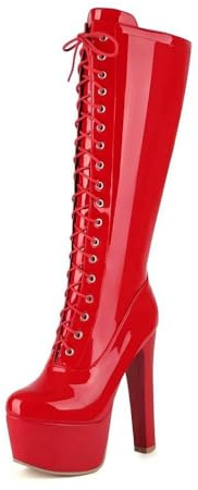 Veelau Meieer Damen Stiefel Kniehoch Plateaustiefel Schnürstiefel mit Plateau Blockabsatz