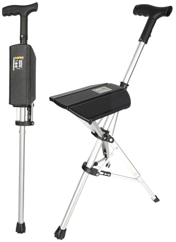 Folding Walking Cane with Seat for Seniors Elderly Automatic Lightweight Portable Anti-Slip Aluminum Foldable Trekking Hiking Pole for Travel Outdoor Rest Break Seat