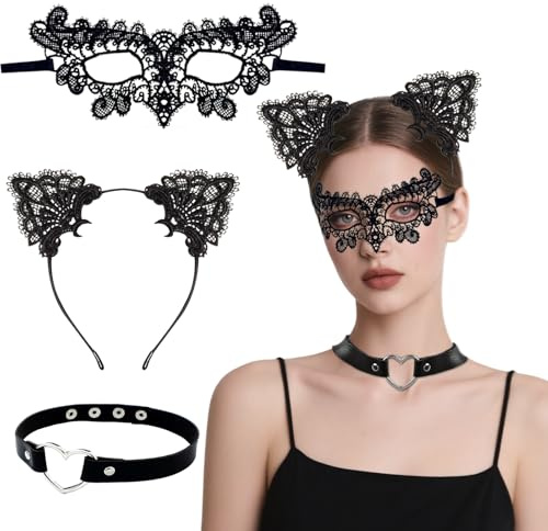 Lufdegim Spitze Maske Damen, 3 Stück Venezianische Lace Katzenkostüm, Katzenohren Haarreif und Herz-Choker Schwarz Augenmaske für Maskerade Ball Halloween Karneval Party Cosplay Zubehör