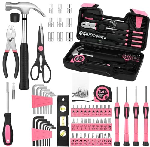 HANGYING 143 Piece Pink Home Repair Tool Kit for Women with Storage Case | All Purpose Home Tool Set with Storage Case, Household Hand Tool Kit for Women Home Office College General Repair Use